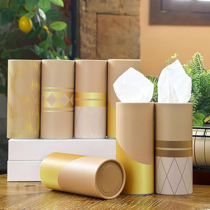 12 Pack Car Tissue Cylinder Holder Bulk with 3 Ply Facial Tissues, Round Napkin Holders for Car Cup Holder Cylinder Travel Paper Tubes Bulk Round Napkin Boxes Packs(Modern Gold Line)