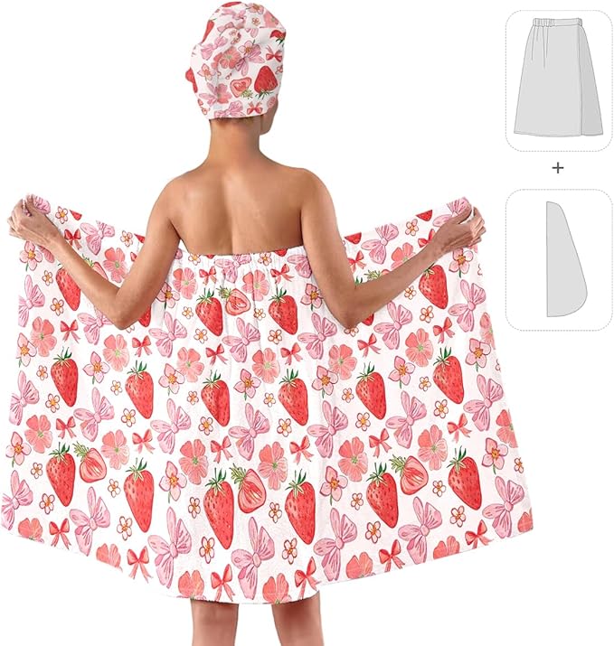 Women’s Strawberry & Bow Bath Wrap Set with Quick-Dry Bath Skirt and Hair Towel, Soft Absorbent Microfiber Spa Shower Body Wrap with Elastic Closure, As for Home Beauty, Gym, Dorm (Strawberry 4)