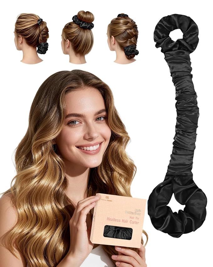 BONNET QUEEN Satin Heatless Hair Curler, Overnight Curls for Long Hair, ultra soft Heatless Curling Rod & 2 Scrunchies,Damage-Free Styling, Soft Hair Curlers for Overnight Use(Black)