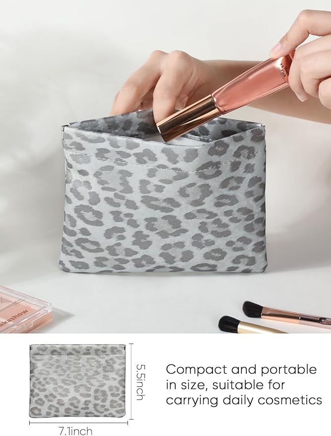 Leopard Leather Small Makeup Pouch for Women,Cosmetic Accessories,Waterproof and Portable Cosmetic Bag,Self-closing, No Zipper, Aesthetic Storage Pouch,Lipstick for Purse,Pearl White Gery