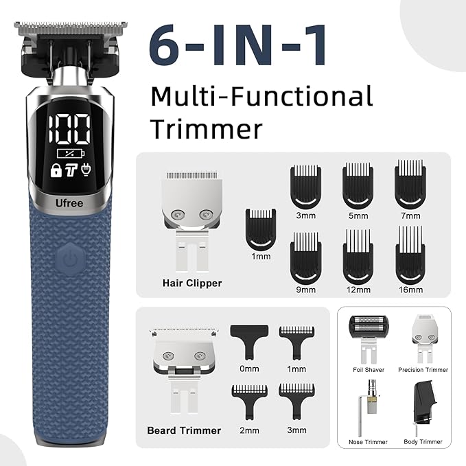 Ufree 6-in-1 Professional Beard Trimmer for Men, IPX6 Waterproof Electric Shaver Razor, Cordless Body Hair Trimmer for Mustache, Nose, Type-C Mens Gooming Kits, Birthday Valentines Gifts for Him