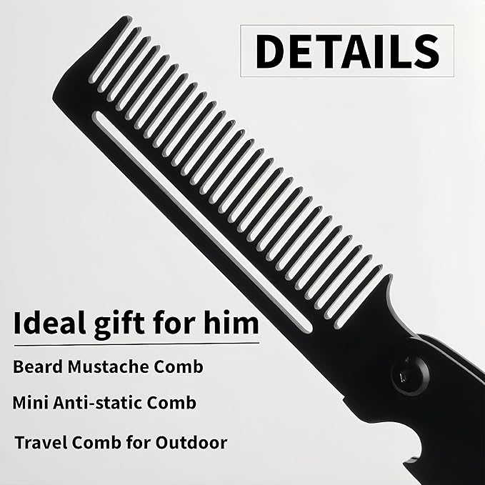Men's Metal Folding Pocket Beard & Mustache Comb, EDC Knife Comb with Bottle Opener for Outdool Travel - Anti-Static for Hair Styling Pompadour, Slicked-back, Fauxhawk, Undercut - Black