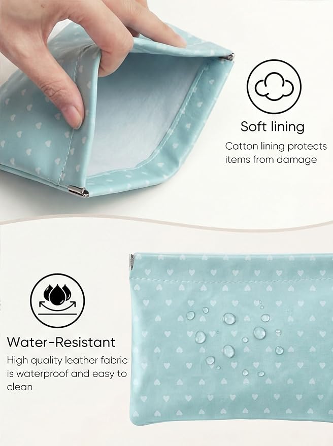 Hearts Leather Makeup Pouch Set for Women Small Make Up Bag for Purse Waterproof Initial Makeup Cosmetic Bags Pouches for Purse Aesthetic Travel Toiletry Bag,Grey Blue