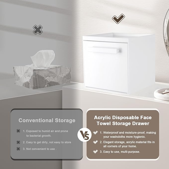 Disposable Face Towel Storage Box Compatible with Clean Skin Club Clean Towel XL Acrylic Facial Towels Holder with Drawer Wall-Mounted Makeup Organizer for Vanity, Bathroom (Glossy White)