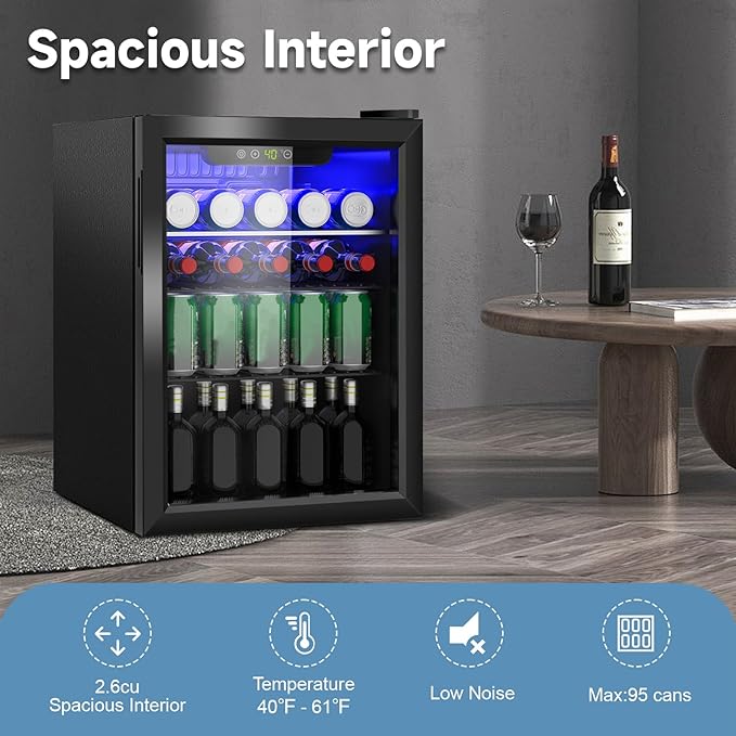 Beverage Refrigerator Cooler, 95 Can Mini Fridge Glass Door for Drinks Soda, Beer, or Wine - Small Refrigerator for Office Bedroom Home Bar, Adjustable Shelves, 2.6 Cu.Ft, Black
