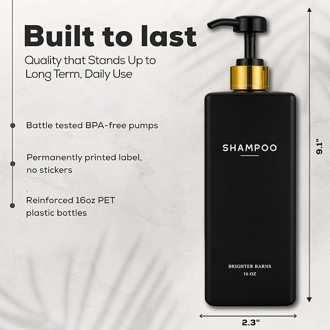 Black Shampoo and Conditioner Dispenser Set by Brighter Barns - Body Wash and Shower Soap Dispenser - Refillable Shampoo and Conditioner Bottles for Gold Bathroom Decor, Guest Bathroom, Airbnb (Black)