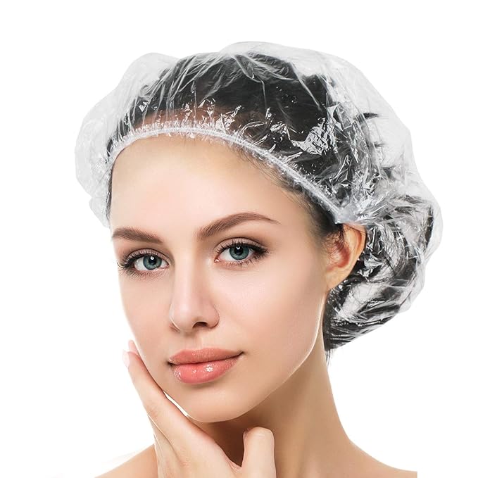 Auban Disposable Shower Cap, 100 PCS Hair Cap Thickening Clear Plastic Waterproof Bath Caps for Hair Treatment, Spa Salon Hotel and Home Use, Portable Travel(17.3)