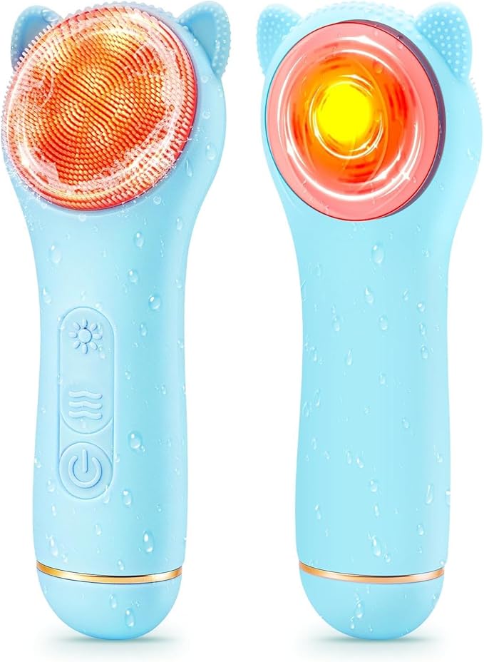 Face Scrubber Facial Cleansing Brush - Silicone Waterproof Rechargeable Electric Exfoliator Scrubber with Heated, 7 Colors LED Light Therapy, Makeup Remover Cleansing and Massaging (Blue)