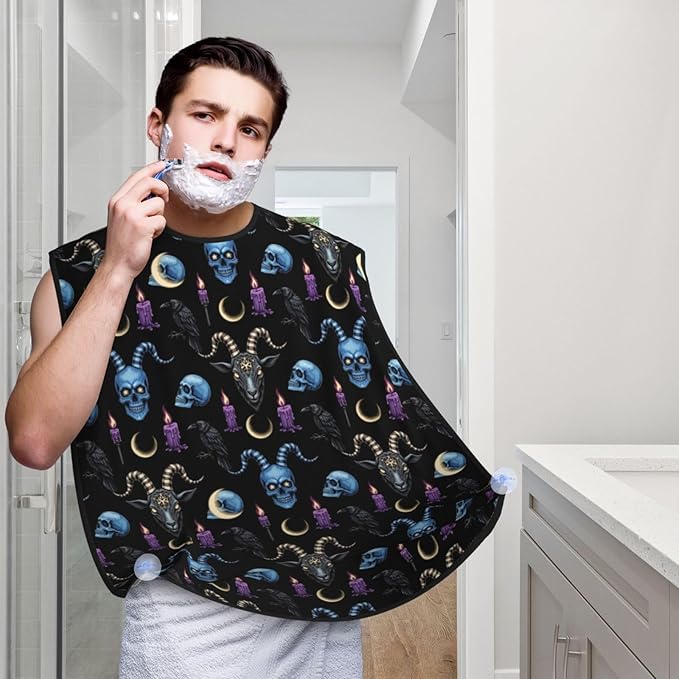 Beard Hair Catcher for Men, Waterproof Shaving Bib Apron Non-Stick, Trimming Tool for Dad Husband, Goth Raven Skull Goat Shave Bib
