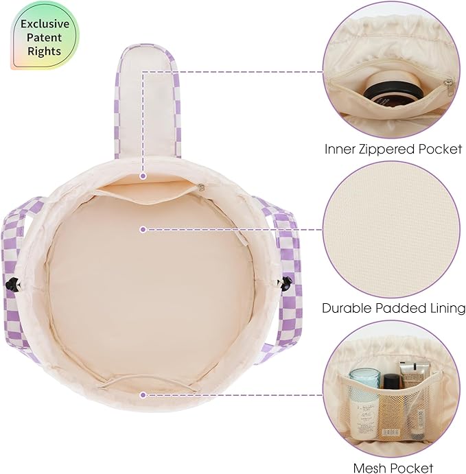 Narwey Barrel Drawstring Checkered Makeup Bag Large Cosmetic Bag Make up Bags Toiletry Bag Travel Bags for Toiletries Organizer for Women Gift for Teen Girls (Purple Checkerboard) (Patent)
