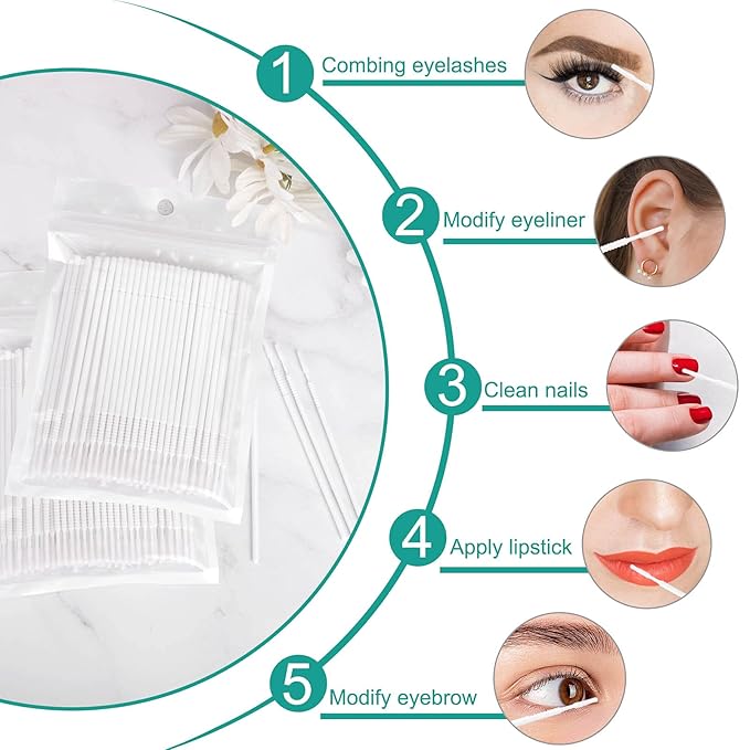 200PCS Micro Applicators Brushes Mini Cotton Swabs Remove Grafted Eyelash Glue Dedicated Brush Disposable Microswabs for Eyelash Extensions Make up and Lash Clean and Personal Care (White 1)