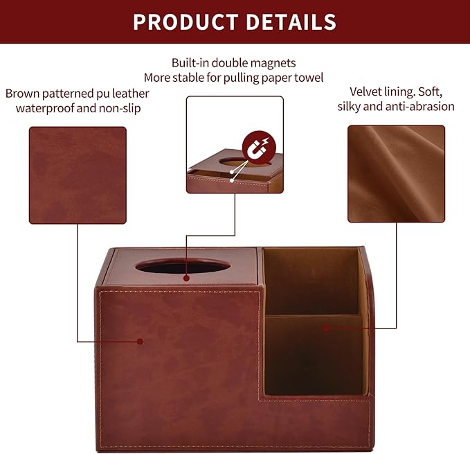 PU Leather Square Tissue Box Cover,Multifunctional Tissue Box Holder,Tissue Box with Storage,Tissue and Remote Control Holder,Tissue Box Decorative Desk Organizer for Home&Office,Brown