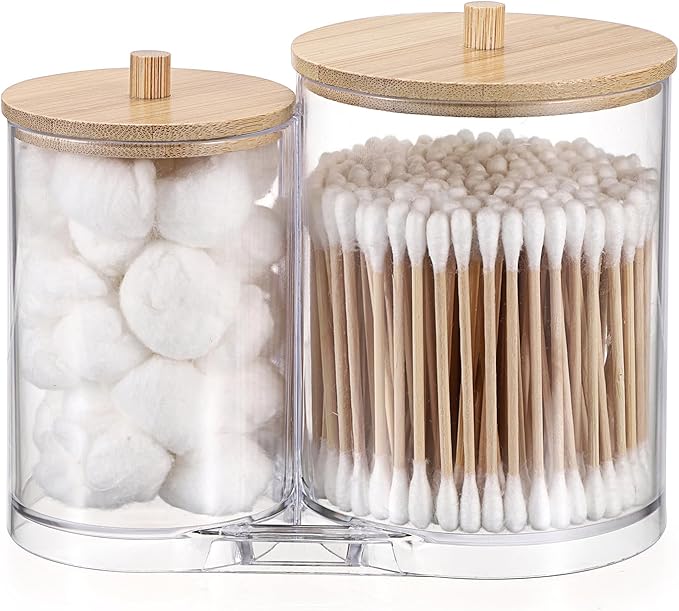 Hipiwe Acrylic Cotton Swab Holder Clear Qtip Dispenser with lid 2 Compartment Bathroom Accessories Storage Canister for Cotton Ball Vanity Makeup Organizer