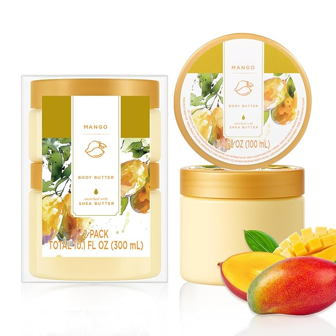 Princess Belle Mango Body Butter, Body Moisturizer for Dry Skin, Body Butter for Women Smell Good, Mango Gifts for Women-2 Pack (3.4floz + 6.8 floz)