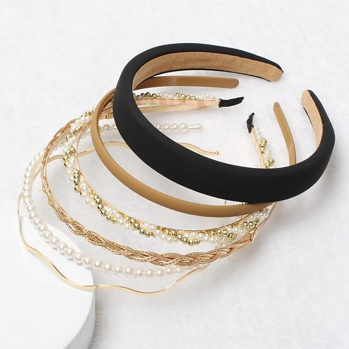 6PCS Different Designs Headbands for Women Gold Metal Hairband,Cute Pearl Hair Bands for Girls,Twisted Head Band,Black Padded Head Bands Set…