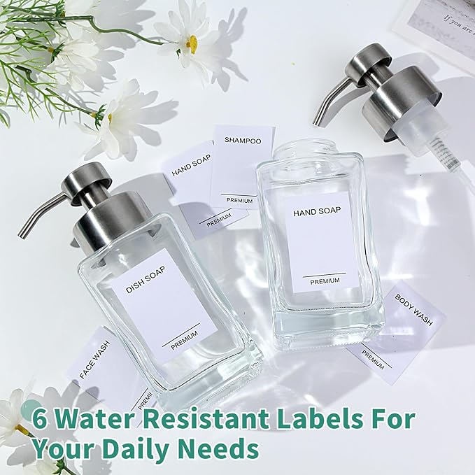 Foaming Soap Dispenser, 12oz/350ml Glass Foaming Hand Soap Dispenser Set,Refillable Foam Dispenser with Foaming Pump, Labels, Square Hand Dispenser for Bathroom, Kitchen 2 Pack
