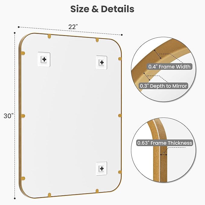 2-Pack 22x30 Inch Matte Gold Bathroom Vanity Mirrors | Flush Mount Deep Set Metal Wall Mirror for Over Sink | HD Shatterproof Glass, Rustproof