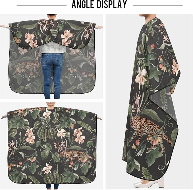 ALAZA Flower Green Leaves Butterfly Leopard Barber Cape for Men Women, Waterproof Haircut Apron Beard Shaving Bib Hair Cutting Cloth 55 x 65 Inch