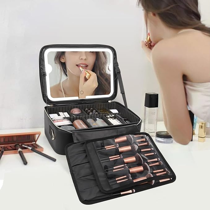 Relavel Makeup Case Large Makeup Bag with LED Mirror, Professional Train Case 16.2 inch, Travel Cosmetic Organizer Brush Holder Waterproof Makeup Artist Storage Box with Adjustable Strap