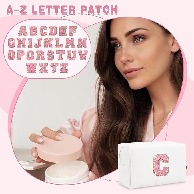 Small Initial Patch Makeup Bag Personalized Gifts Make Up Bag,White Cute PU Leather Glitter Letter Cosmetic Bag with Zipper,Trendy Portable Travel Toiletry Pouch,Preppy Stuff for Teen Girls Women C