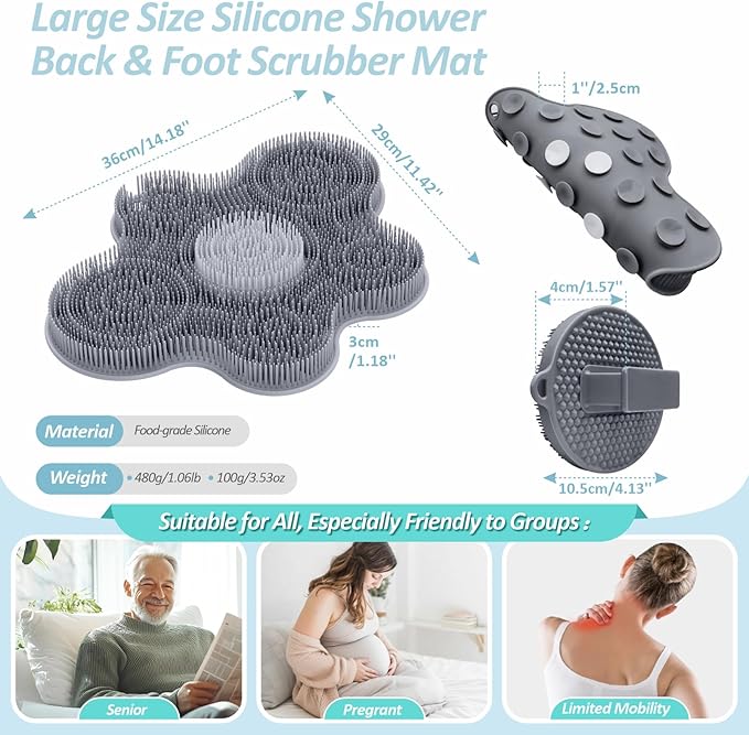 Upgrade Silicone Shower Foot Scrubber Mat & Silicone Body Scrubber Set, Large Wall-Mounted Back Scrubber Back Washer to Clean, Exfoliate and Massage Without Bending(Gray+Body Scrubber)