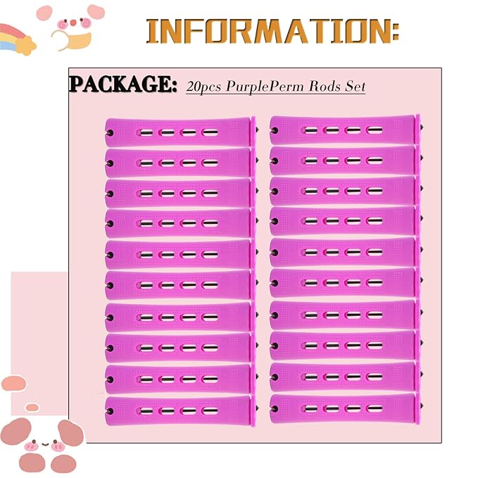 YOROSTAR 20pcs Purple Plastic Perm Rods Set for Natural Hair Cold Wave Rods Hair Curlers Rollers for Long Short Women's Hair DIY Hairdressing Tools