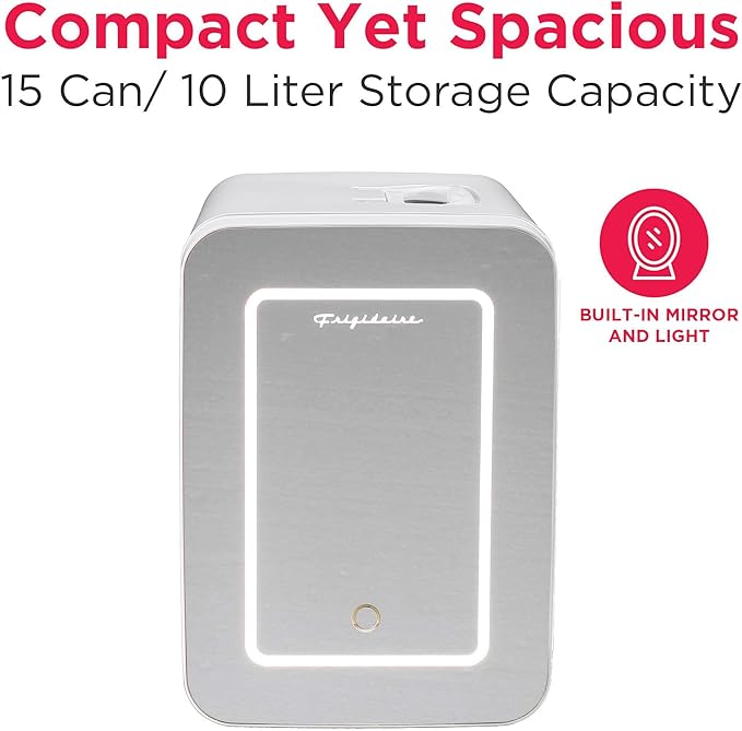 Frigidaire Mini Personal Fridge Cooler, LED Lighted Mirror, 6.5L Capacity, Chills 9 Cans, or Makeup and Skincare, Portable & Compact