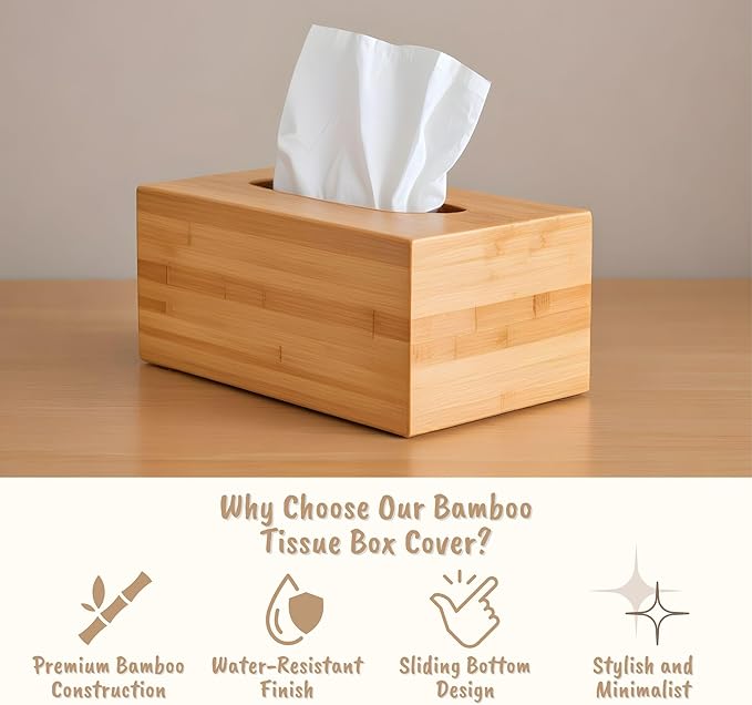 PERFORMORE Bamboo Tissue Box Cover - Water-Resistant Rectangular Wooden Facial Tissue Box with Sliding Bottom - 27x15.5x11.5 cm Wood Kleenex Box Holder - Ideal for Bathroom, Office Desk & Nightstand