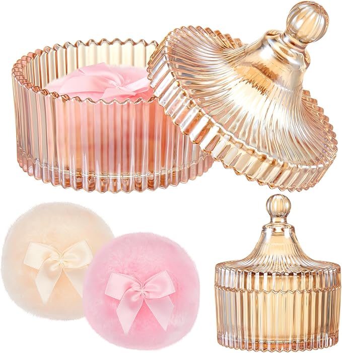 Tioncy 3 Pcs Large Body Powder Puff and Container Valentine's Day gift Powder Container with Puff Crystal Case Soft Washable Reusable Velour Face Body Glitter Wet Dry Makeup(Classic,Amber)