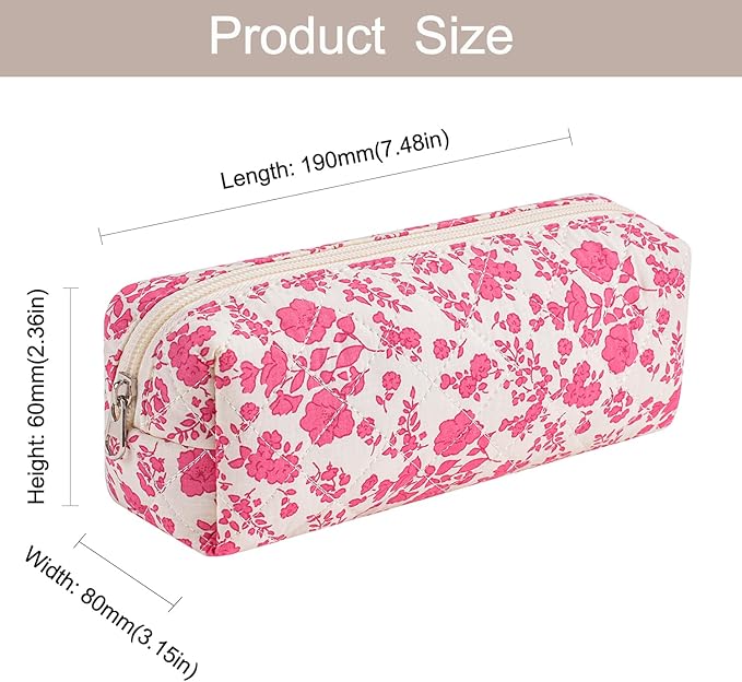 Cute Floral Makeup Brush Bag Small Cotton Quilted Cosmetic Bag for Women Travel Toiletry Zipper Make Up Pouch (Rose Red Floral)