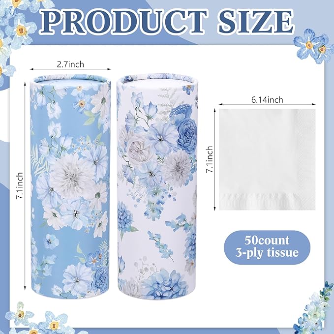 Ctosree Car Tissues Holder with Facial Tissues-6pk- Travel Tissue Tubes Box Container Fit for Car Cup Holder Tissues Floral Cylinder(Blue,White)