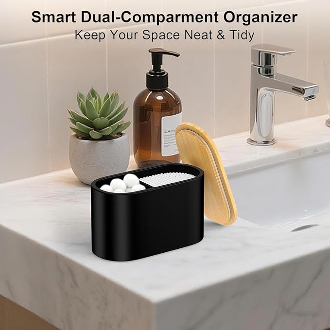 Cotton Swab Holder,Round Cotton Pads Balls Qtip Holder Dispenser with Lid, 2 Compartments Qtips Holder, Tampoms Period Box Bathroom Organizers Storage Bin Floss Dispenser Vanity Cosmetics, Black