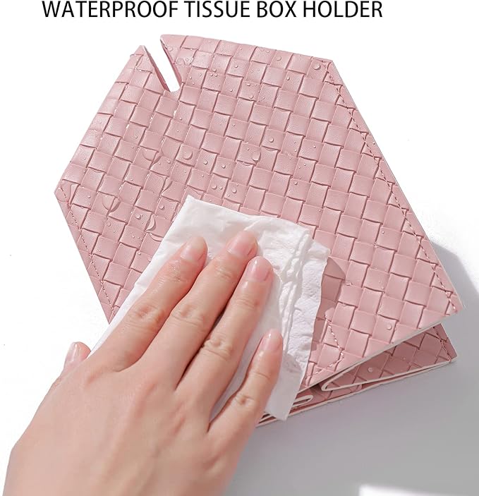 Tissue Box Cover PU Leather Tissue Holder Square Facial Tissue Case Facial Paper Organizer Dispenser for Bathroom, Vanity Countertop, Tabletop, Car, Pink