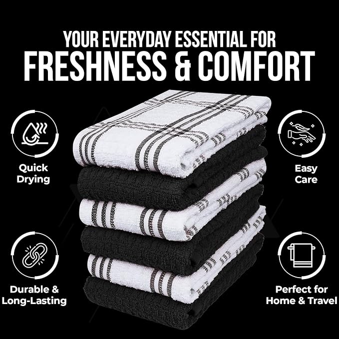 DAN RIVER Premium Kitchen Towels - [Pack of 12] 100% Cotton (16x 26 Inches) -Super Soft,Highly Absorbent, Quick Dry, Dish Towels for Kitchen Towels -Black