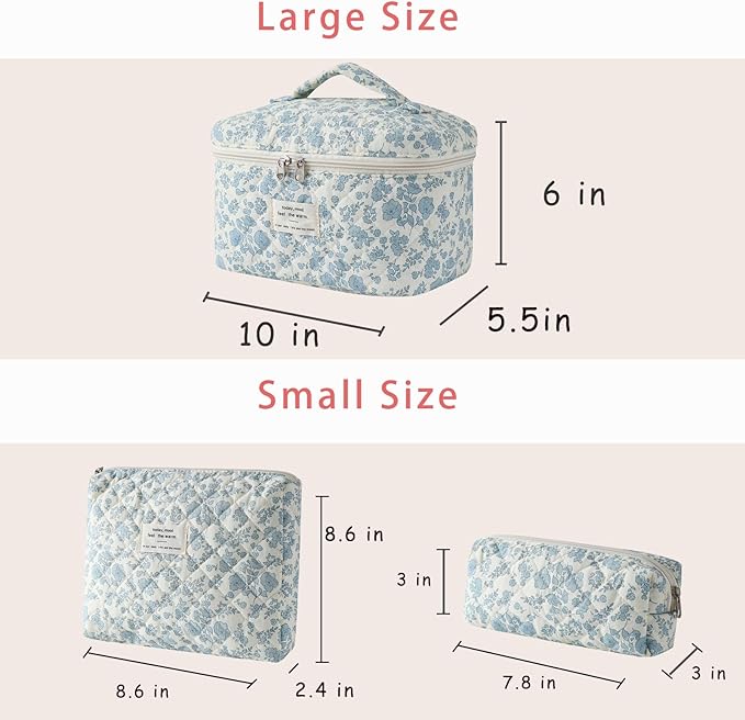 uekeboag 3Pcs Quilted Cotton Makeup Bag,Coquette Quilted Toiletry Bag for Women and Girls,Floral Coquette Pouch,Cute Kawaii Travel Cosmetic Bags(3Pcs LightBlue Flower)