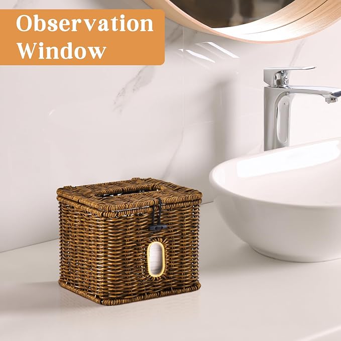 Facial Clean Skin Club Face Towels Holder for Bathroom, Plastic Rattan Disposable Face Towel Holder, Farmhouse Style for XL Face Towels Box Basket with Lid, Vintage Brown