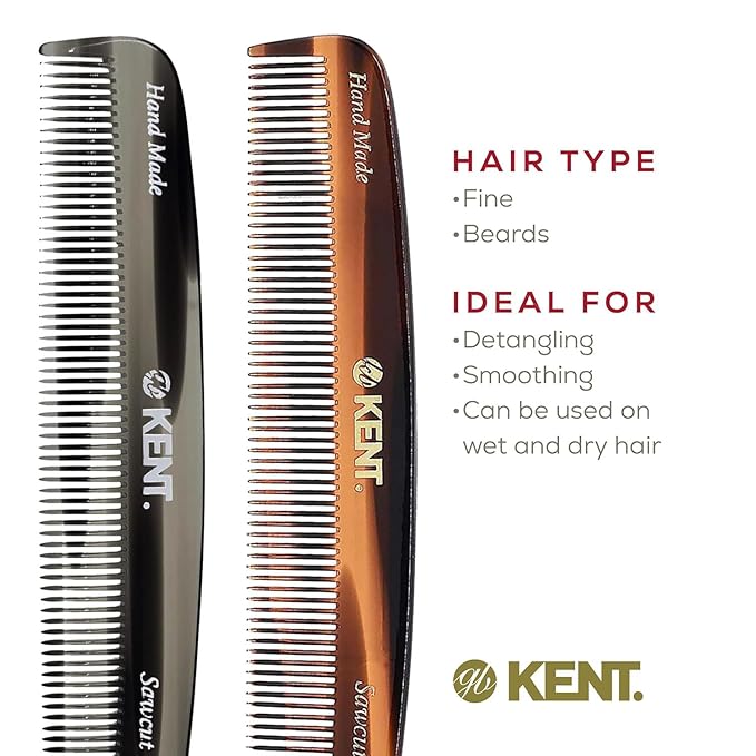 Kent 7T-7T G All Fine Tooth Pocket Comb for Men, Hair Comb Straightener for Everyday Grooming Styling Hair, Mustache and Beard, Use Dry or with Balms, Saw Cut and Hand Polished, Made in England