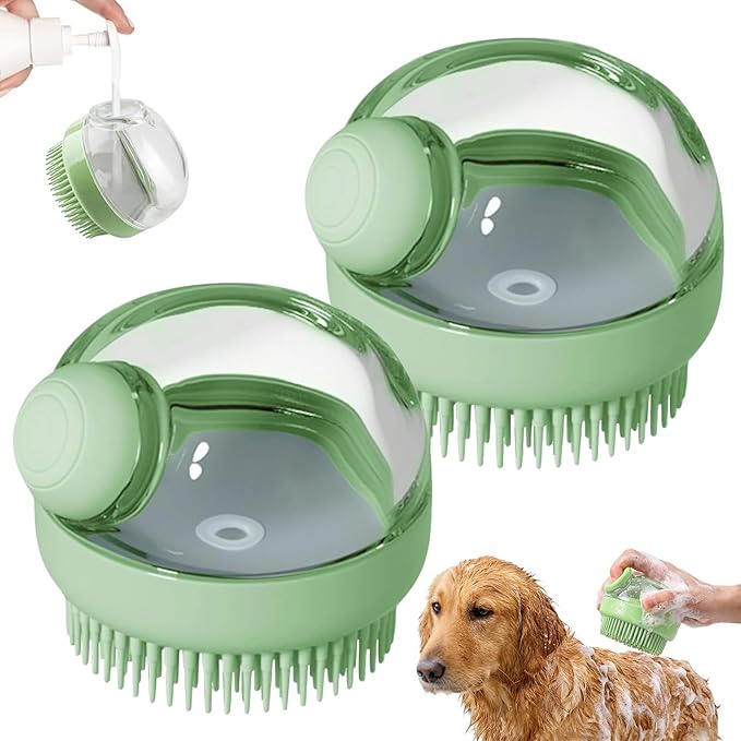 Dog Bath Scrubber Brush, 2Pcs Pet Dog Grooming Massage Shampoo Bath Brush with Soap and Shampoo Dispenser Soft Silicone Bristle for Long Short Haired Dogs Cats Shower-Green
