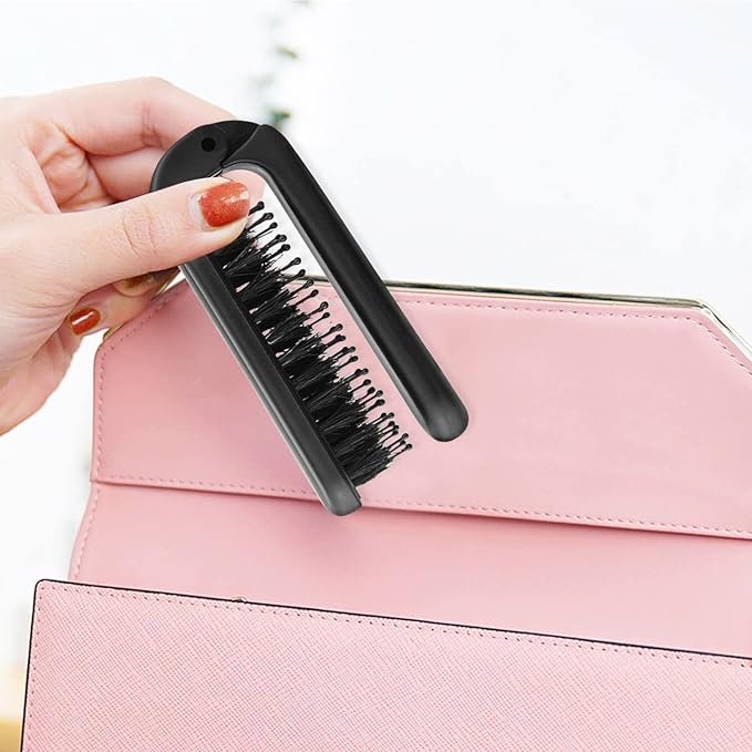 Ancable 2Pcs Travel Folding Hair Brush, Collapsable Portable Pocket Boar Bristle for Thin/Thick Hair, Mini Hairbrush for Men Women Kids, Wet/Dry Hair, Restore Shine, Black