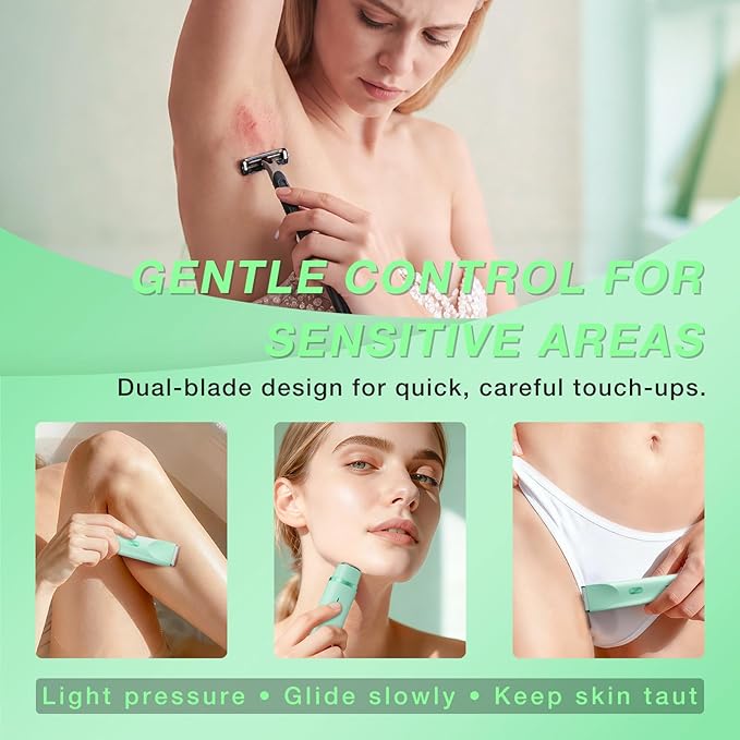 Bikini Trimmer for Women, Dual-Ended Electric Razor Personal Shaver for Bikini Line & Pubic Hair, Waterproof USB-C Rechargeable Body & Face Trimmer for Underarms & Legs (Mint Green)