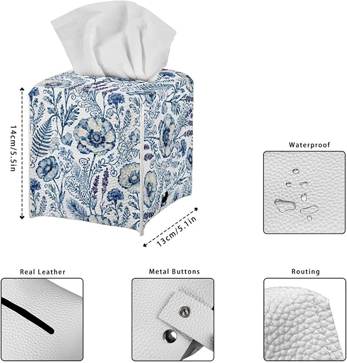 Blue Flowers Tissue Box Holder Square PU Leather Tissue Organizer Case with Metal Button Waterproof Napkin Holder for Home Office Car Automotive Decor