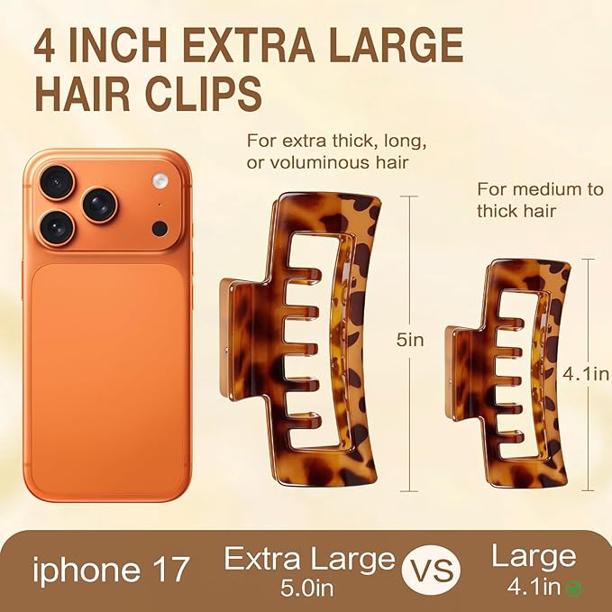 6 PCS 4.1 Inch Large Claw Clips for Thick Hair, Double Layer Teeth Tortoise Shell Rectangle Hair Clips for Hat,Strong Hold Square Big Claw Clip Non Slip Baseball Jaw Clips Hair Accessories