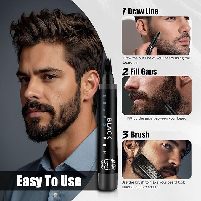 Beard Pencil Filler for Men Black - Beard Pen with Brush, Barber Pencil Smudge-proof & Water-proof Grooming Kit for Men Creating Natural Beard Color, Gifts for Men (Dark Brown)