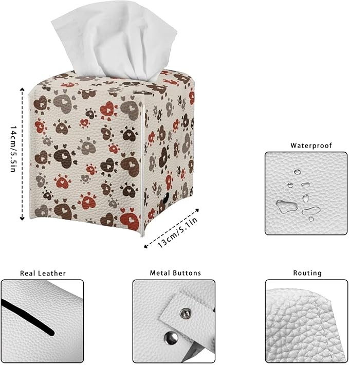 Brown Dog Paws Tissue Box Cover Holder Stylish PU Leather Square Tissue Box Cover with Metal Button Waterproof Napkin Holder for Home Office Car Bathroom Decor
