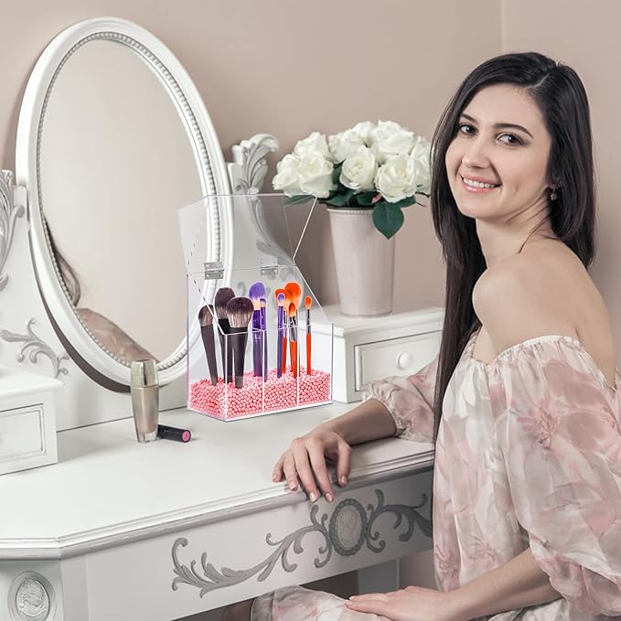 Acrylic Makeup Brush Holder with Lid - Clear Cosmetic Makeup Brush Organizer and Storage Box with Cover for Vanity - Large Capacity 3-Slots Container for Brushes (Clear)