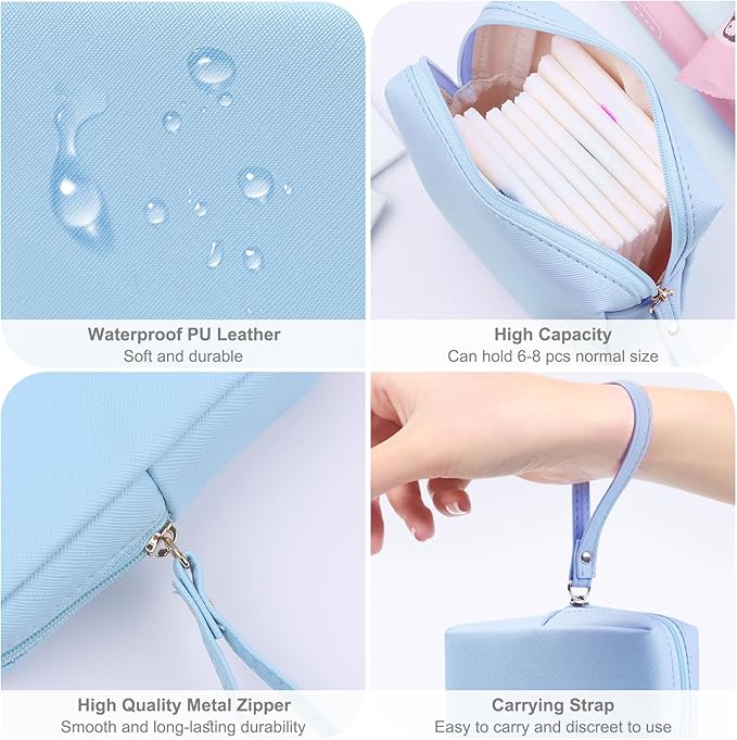 Sanitary Napkin Period bag for Women, Sanitary Napkin Storage Bag, PU Leather Sanitary Pad Bags Pounch, Portable Tampons Zipper Organizer Bag with Handle for Ladies
