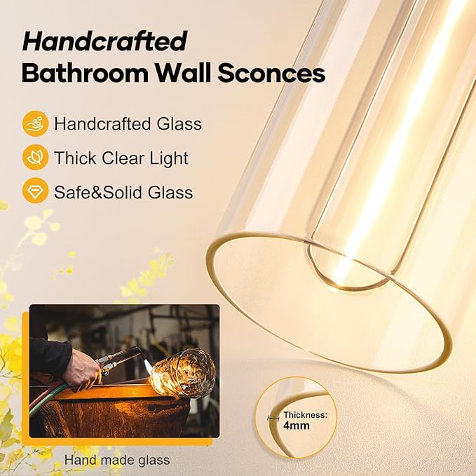 Wall Sconces Set of Two, Brushed Gold Bathroom Sconces Wall Lighting with Clear Glass, Hardwired Modern Sconces Wall Decor Set of 2 for Bathroom Mirror Bedroom Living Room Hallway
