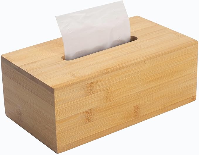 Tissue Box Cover, Rectangular Tissue Box Holder, Bamboo Facial Paper Holder for Bathroom, Bedroom, Dinner Table, Office (1 Pack, 9.8 x 5.5 x 3.7 inch)