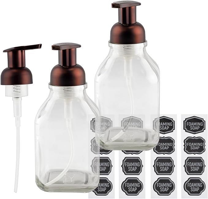 Cornucopia Brands 16-Ounce Square Glass Foaming Soap Dispensers (2-Pack, Clear Bottle w/Bronze Color Pump)