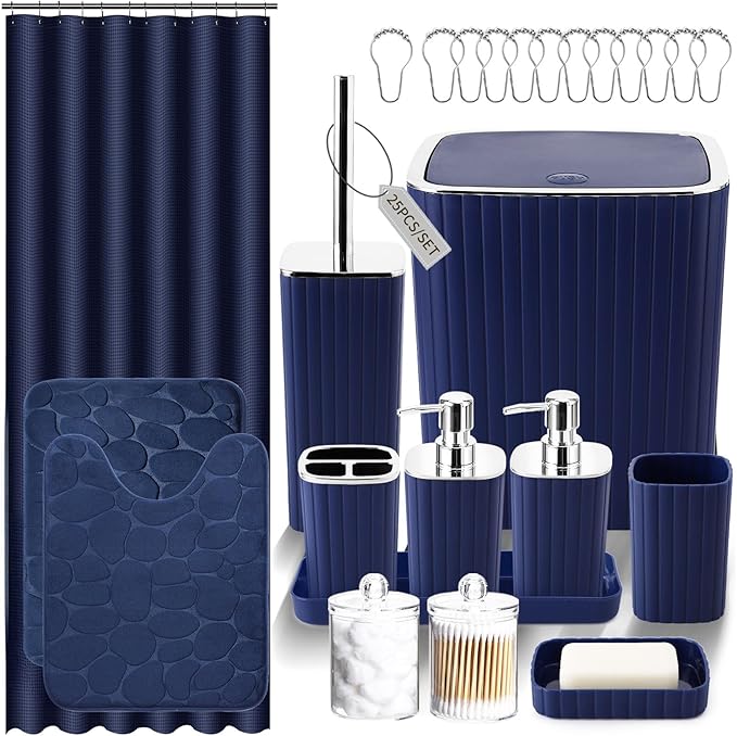 Bathroom Set with Shower Curtain and Rugs- 25PC Bathroom Accessory Set, Navy Blue Shower Curtain Set, Toilet Brush, Trash Can, Qtip Holder & Soap Dispenser